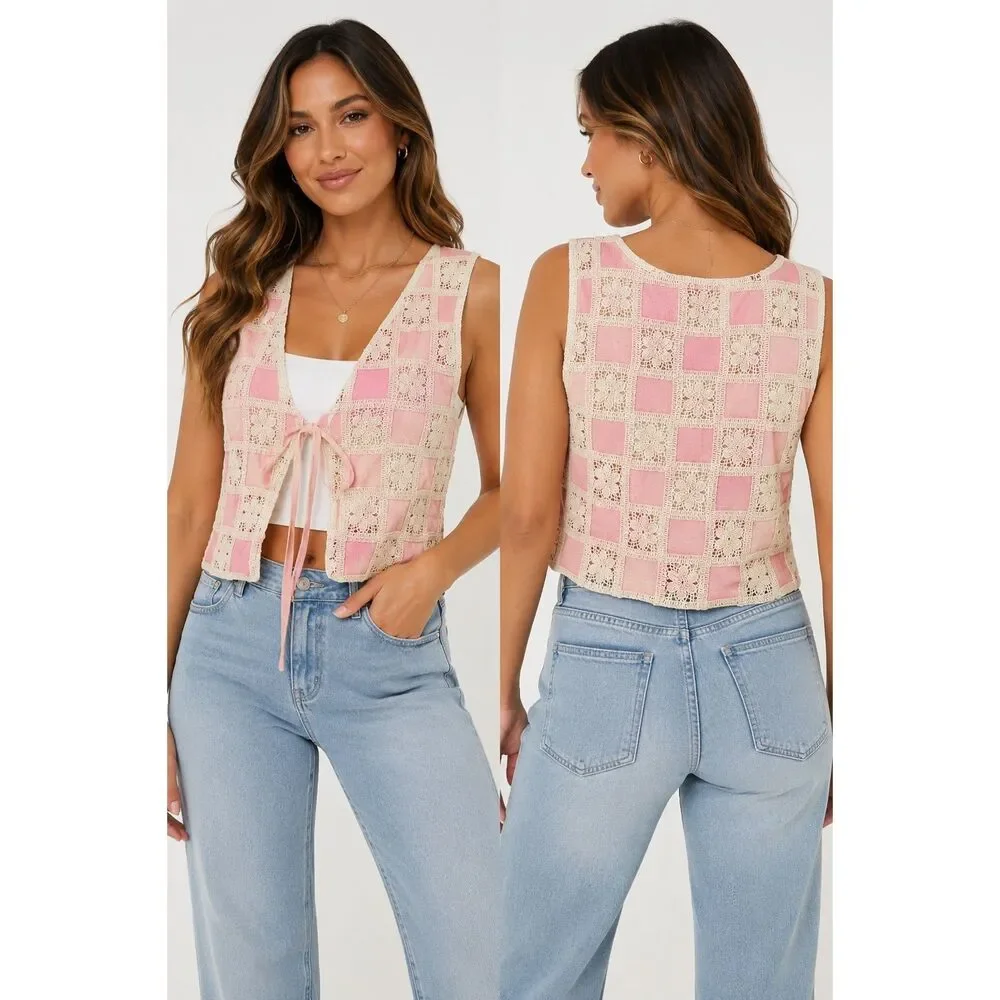 Emory Park Crochet Lace Tie Front Vest Small Pink Boho Festival Cottagecore - Picture 2 of 12